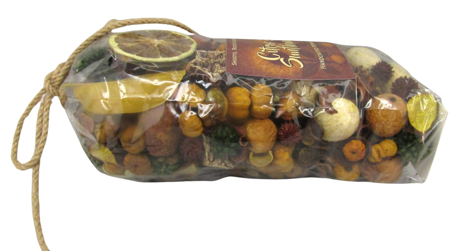 Shoots, Roots & Leather Boots Citrus Potpourri in a clear package featuring dried fruits and natural elements