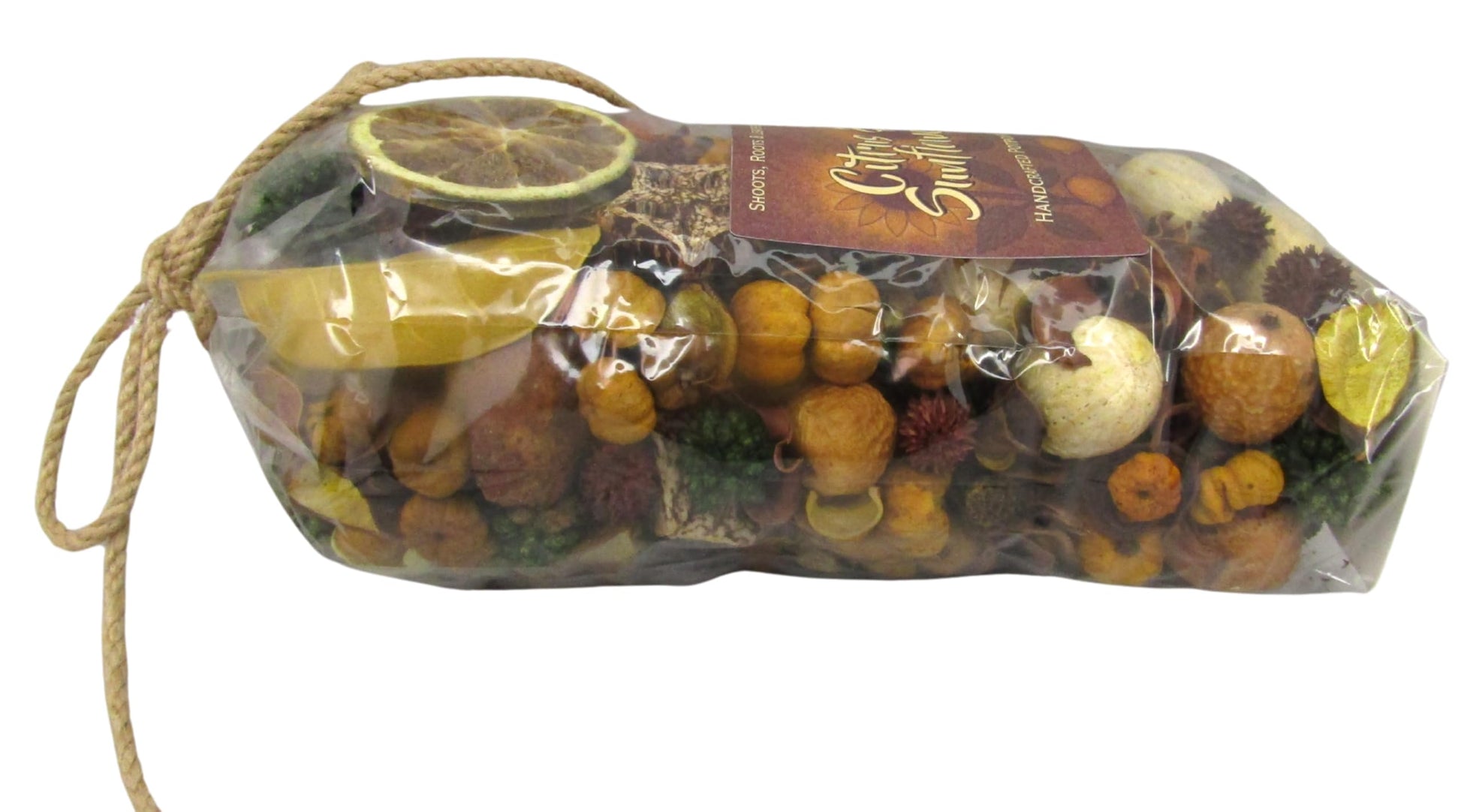 Shoots, Roots & Leather Boots Citrus Potpourri in a clear package featuring dried fruits and natural elements