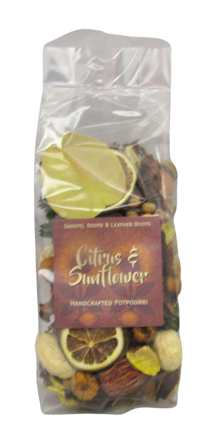Shoots, Roots & Leather Boots Citrus & Sunflower Potpourri in a clear bag with dried citrus slices