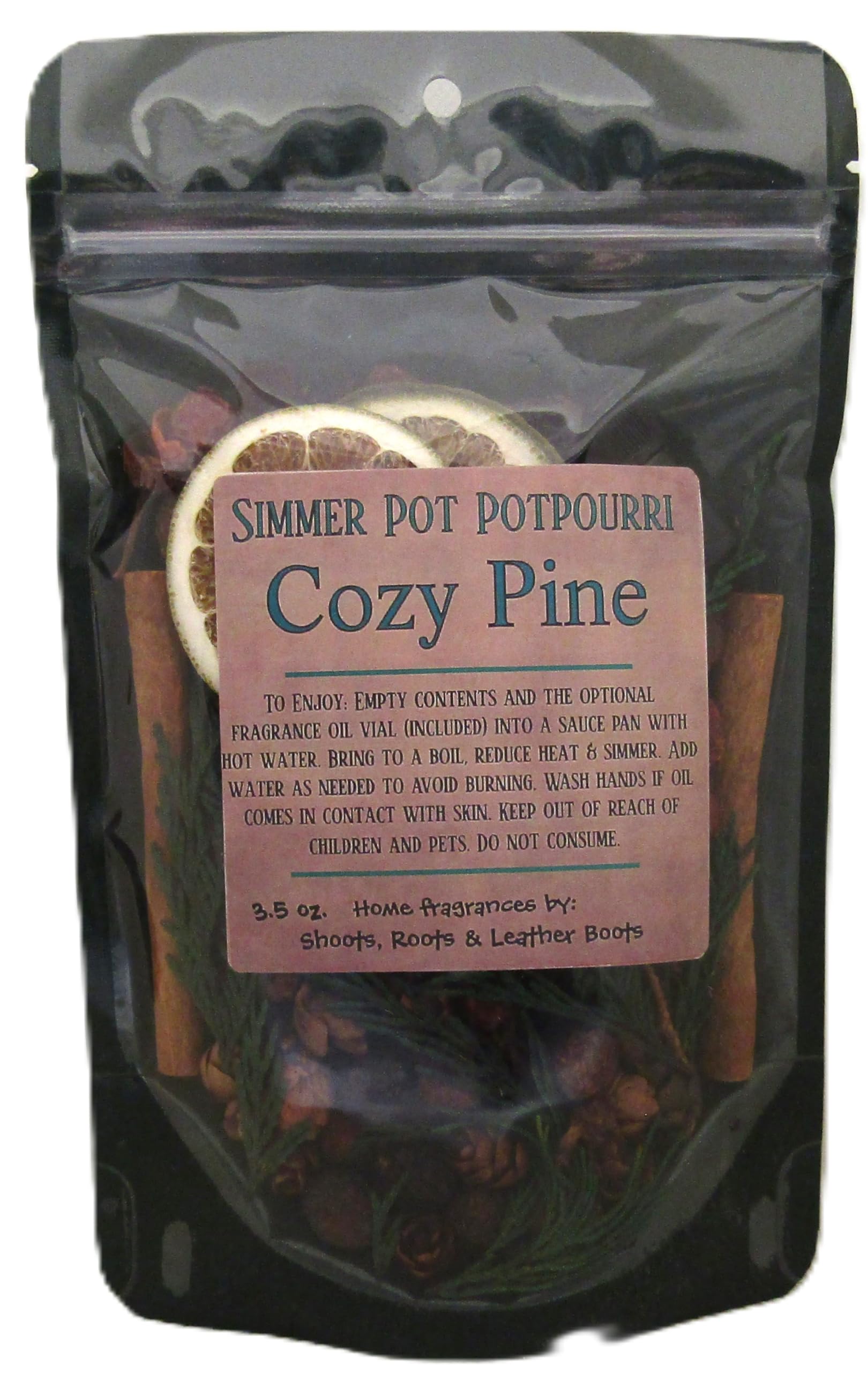 Cozy pine simmer potpourri by Shoots, Roots & Leather Boots in a clear bag with natural ingredients