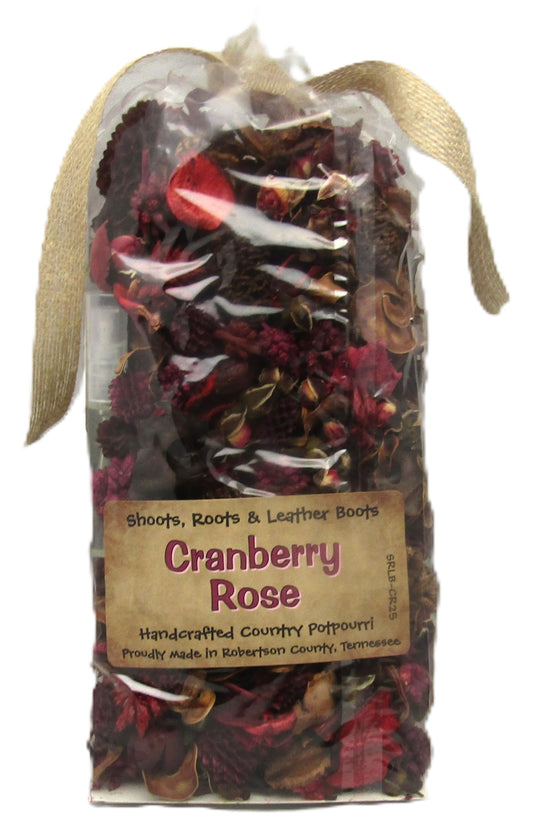 Shoots Roots Leather Boots cranberry rose potpourri in clear bag with natural ribbon for home fragrance