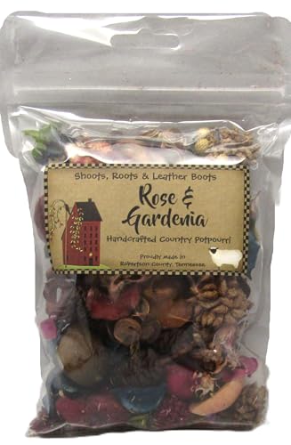 Shoots Roots Leather Boots Rose and Gardenia handcrafted decorative potpourri for living room in clear resealable bag