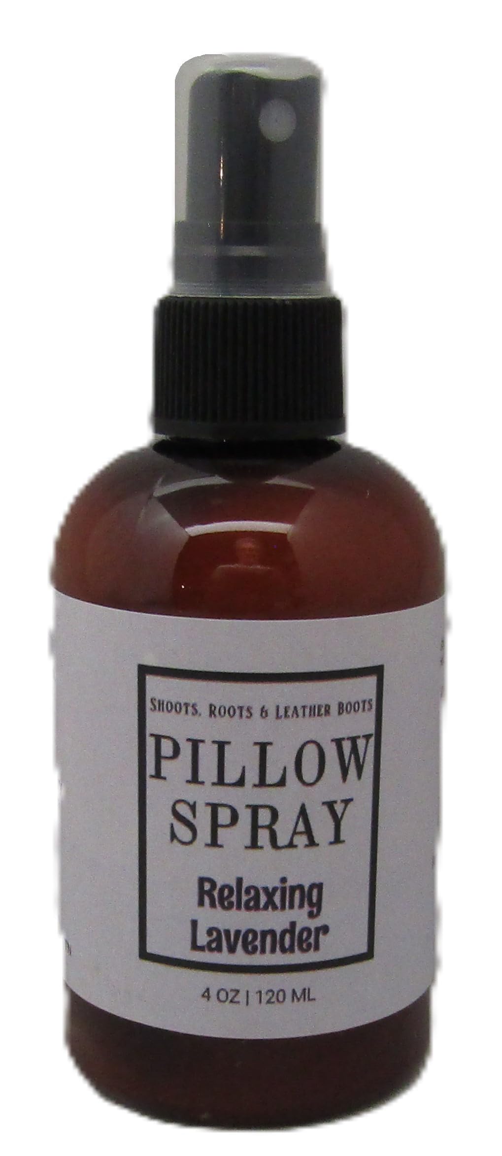 Shoots, Roots & Leather Boots lavender pillow spray in a 4 oz amber bottle for a relaxing scent