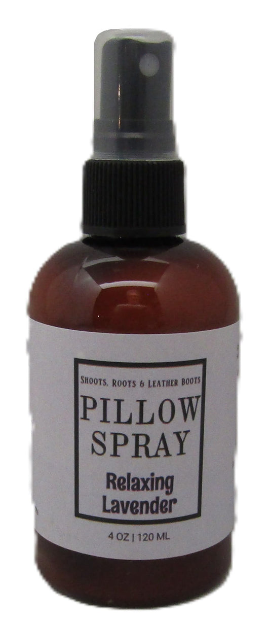 Shoots, Roots & Leather Boots lavender pillow spray in a 4 oz amber bottle for a relaxing scent
