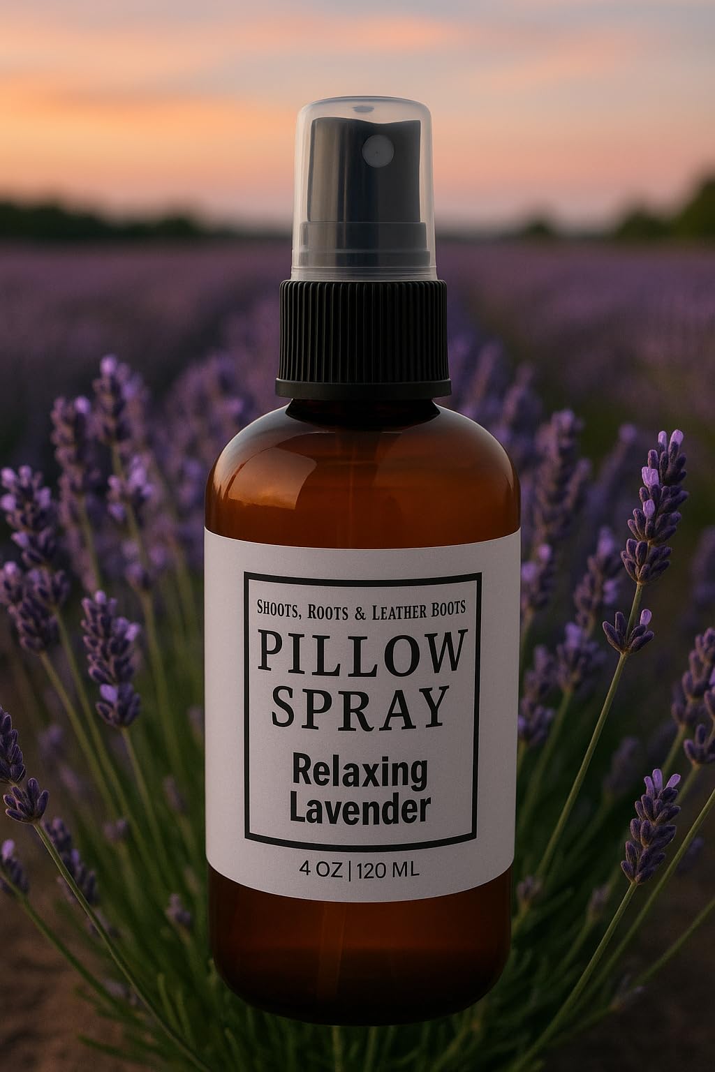 Shoots, Roots & Leather Boots lavender pillow spray in amber bottle with relaxing lavender scent