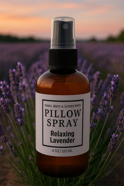 Shoots, Roots & Leather Boots lavender pillow spray in amber bottle with relaxing lavender scent