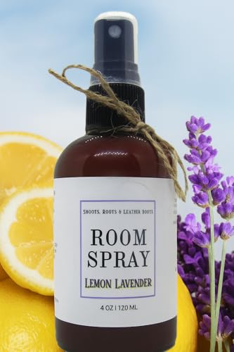 Shoots Roots & Leather Boots lemon lavender room spray bottle with lemon slices and lavender flowers