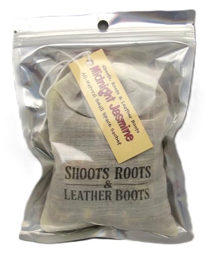 Midnight jasmine sachet by Shoots Roots & Leather Boots in a clear packaging for freshening spaces