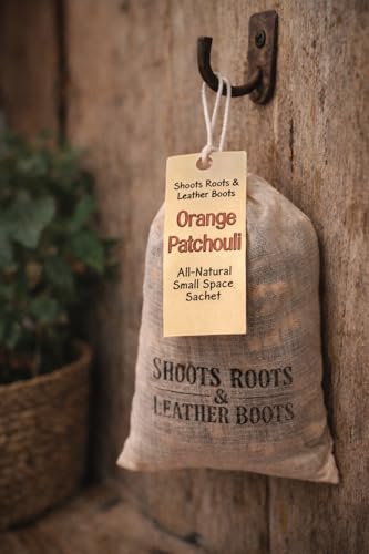 Shoots Roots & Leather Boots orange patchouli sachet hanging with an all-natural label for small spaces