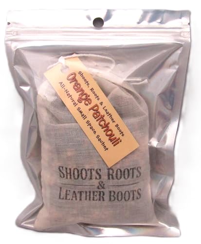 Orange Patchouli sachet from Shoots, Roots & Leather Boots in a clear package for natural home fragrance