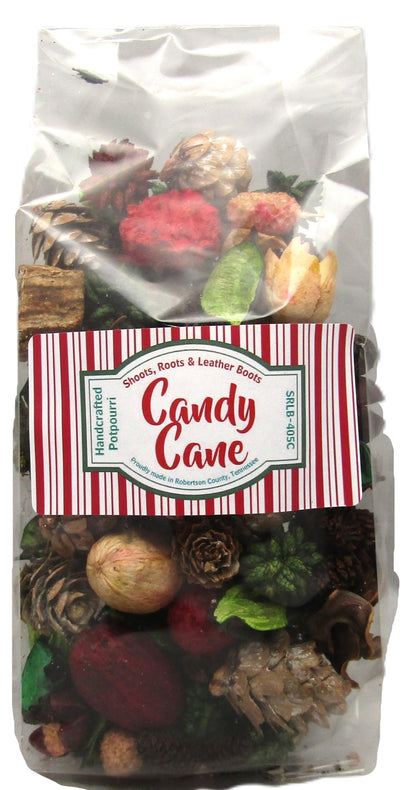 Peppermint candy cane potpourri by Shoots, Roots & Leather Boots in a clear bag with festive colors