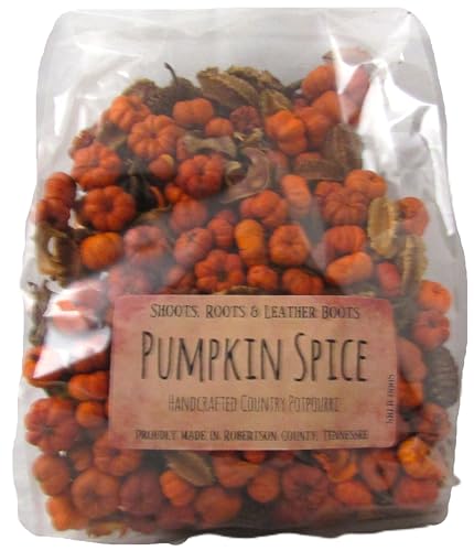 Pumpkin Spice Potpourri in clear plastic bag with small orange pumpkin pods and rustic label by Shoots Roots and Leather Boots