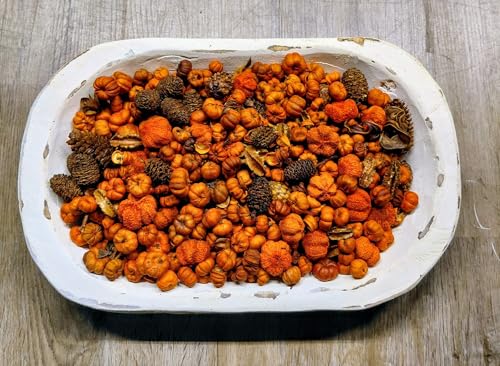 Pumpkin Spice Potpourri in white distressed oval tray with small orange decorative pumpkins and pine cones