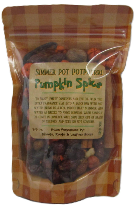Resealable pouch of Pumpkin Spice Simmer Potpourri mix with dried botanicals cinnamon sticks and mini pumpkins