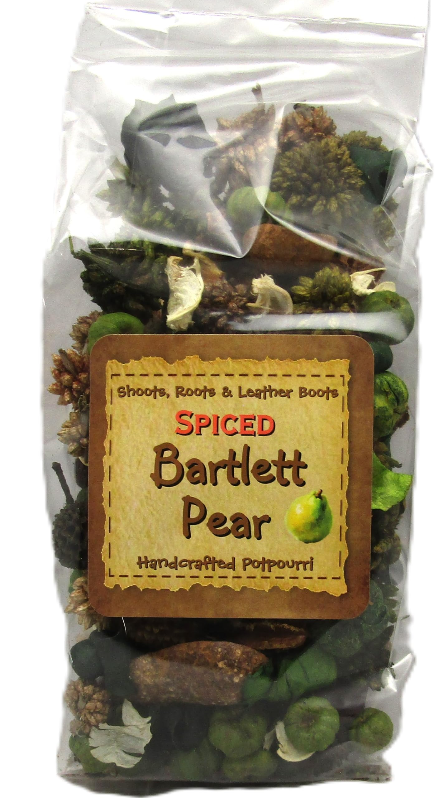 Shoots, Roots & Leather Boots spiced pear potpourri in a clear bag with natural ingredients