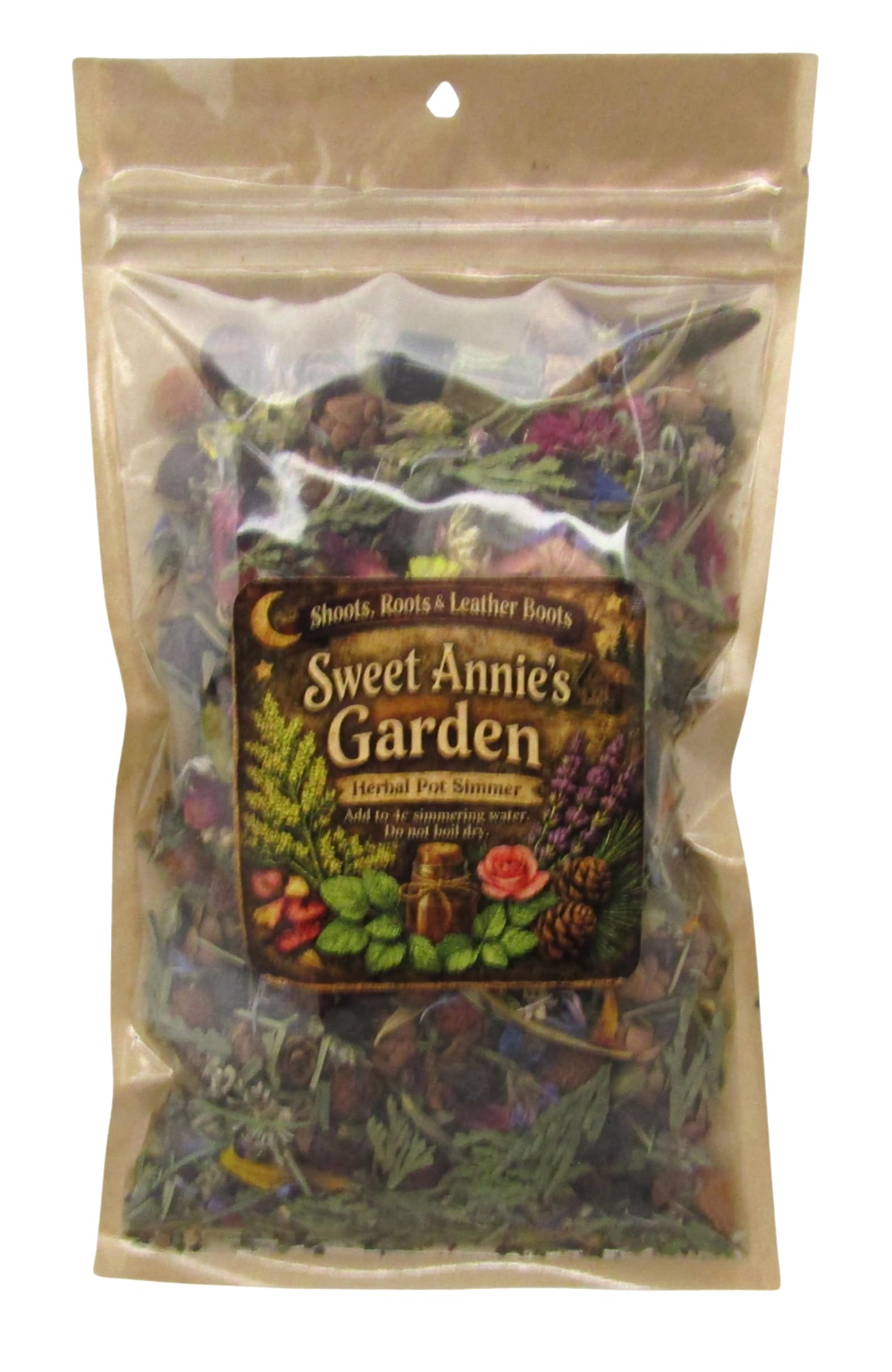 Shoots, Roots & Leather Boots Sweet Annies Garden Simmer Potpourri in a clear bag with colorful herbs