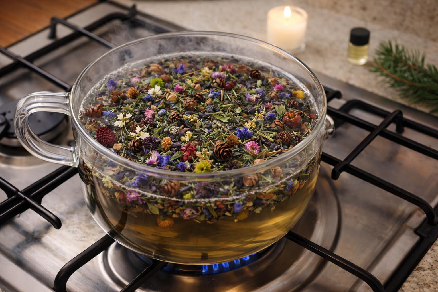 Shoots, Roots & Leather Boots Sweet Annies Garden Simmer Potpourri in a clear glass pot with colorful herbs