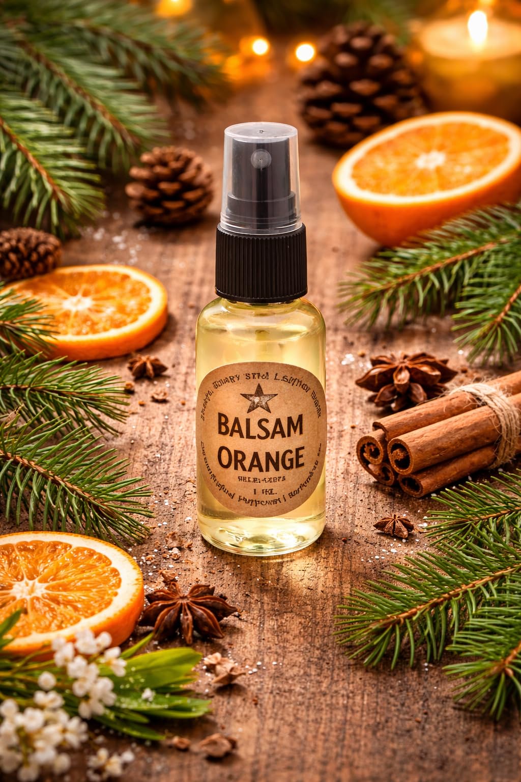Shoots, Roots & Leather Boots Balsam Orange Potpourri Refresher Oil in a glass spray bottle surrounded by orange slices and pine
