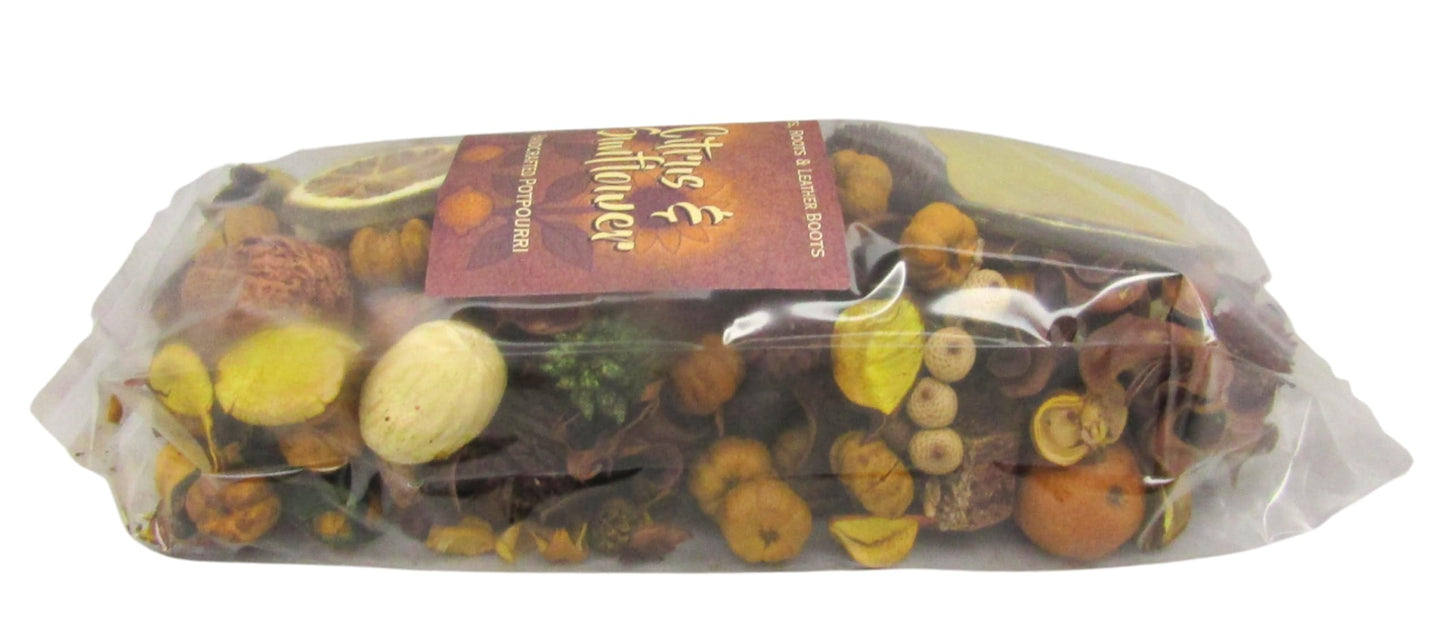 Shoots, Roots & Leather Boots Citrus & Sunflower Potpourri in a clear bag featuring a mix of natural materials