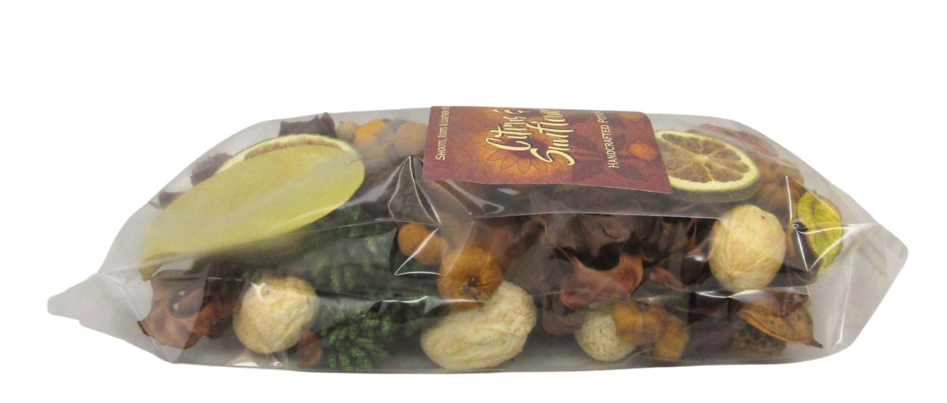 Shoots, Roots & Leather Boots Citrus & Sunflower Potpourri in a clear bag with natural elements