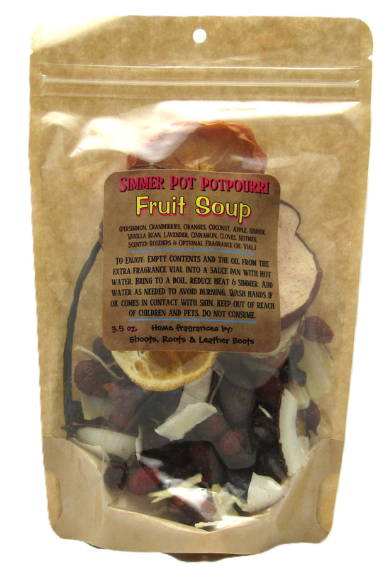 Simmering potpourri with oil fruit soup scent in resealable natural kraft bag by Shoots Roots Leather Boots