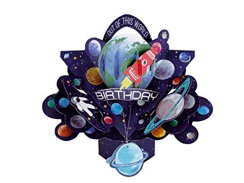 Second Nature Pop Ups space pop up birthday card featuring planets, rocket, and astronaut in outer space