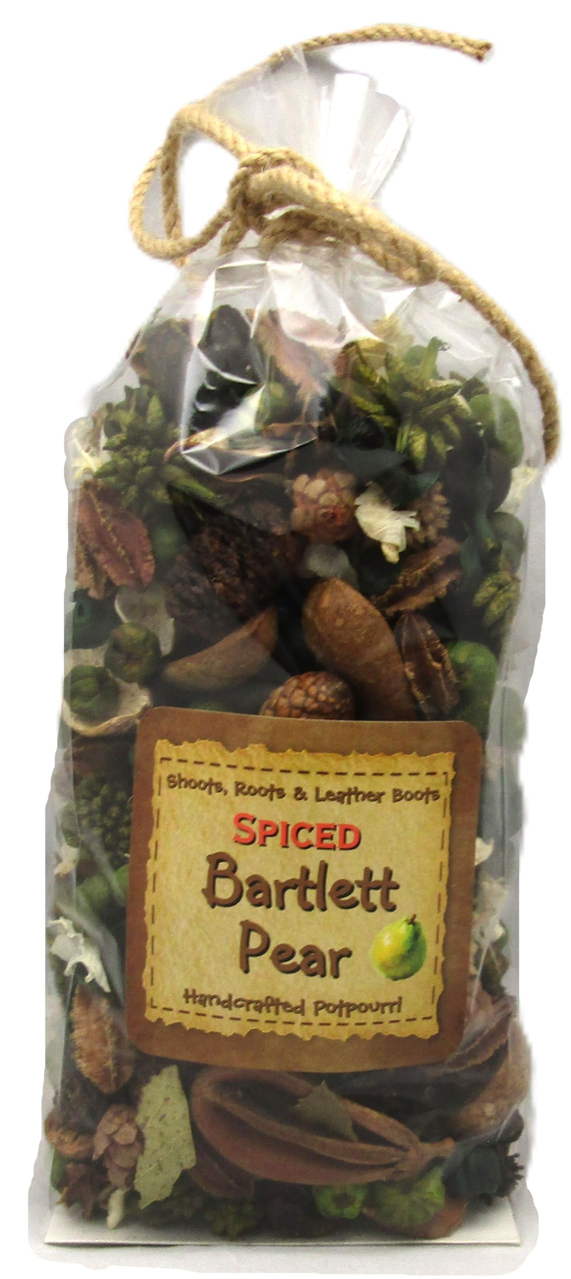 Shoots, Roots & Leather Boots Spiced Bartlett Pear Potpourri in a clear bag with natural decor