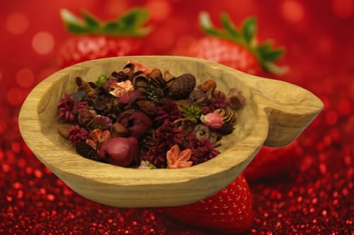 Wooden bowl filled with natural strawberry potpourri bowl filler in red and brown tones