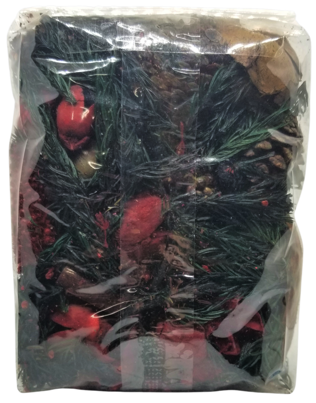 Old Candle Barn balsam fir potpourri in a sealed package with natural pine and red accents