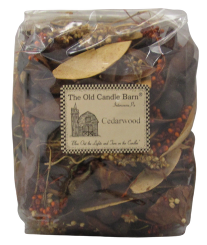 Old Candle Barn cedarwood potpourri bowl filler with dried natural botanicals in a clear plastic bag