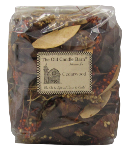 Old Candle Barn cedarwood potpourri bowl filler with dried natural botanicals in a clear plastic bag
