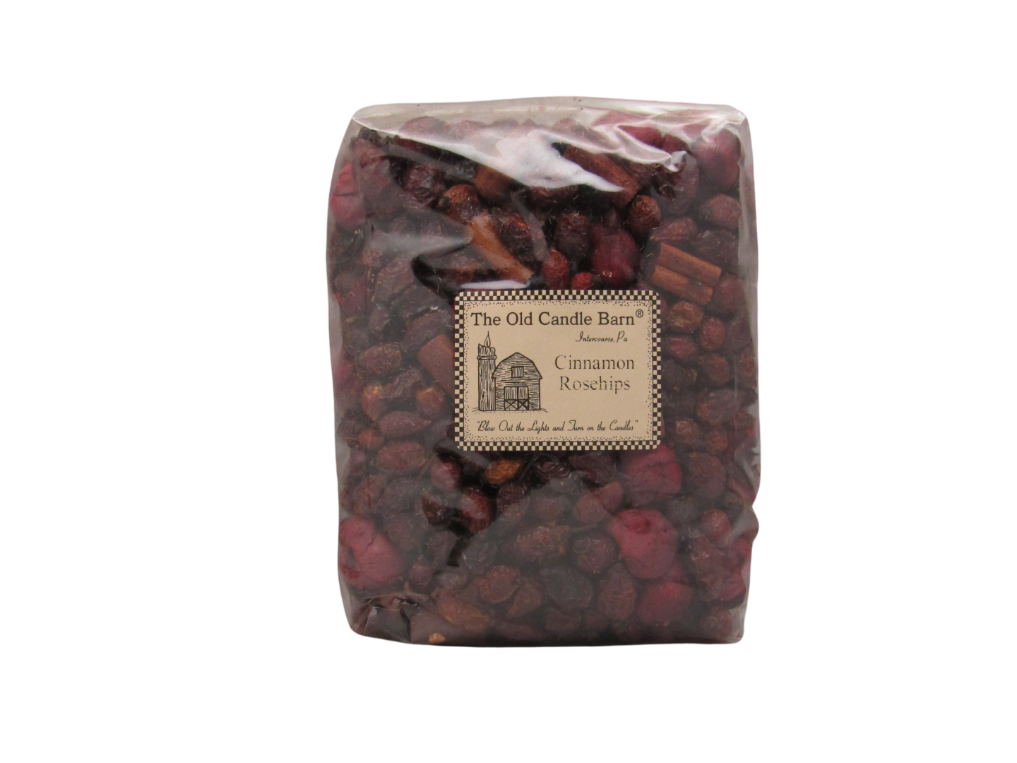 Old Candle Barn cinnamon rosehips potpourri in a clear bag, ideal for home fragrance and decor