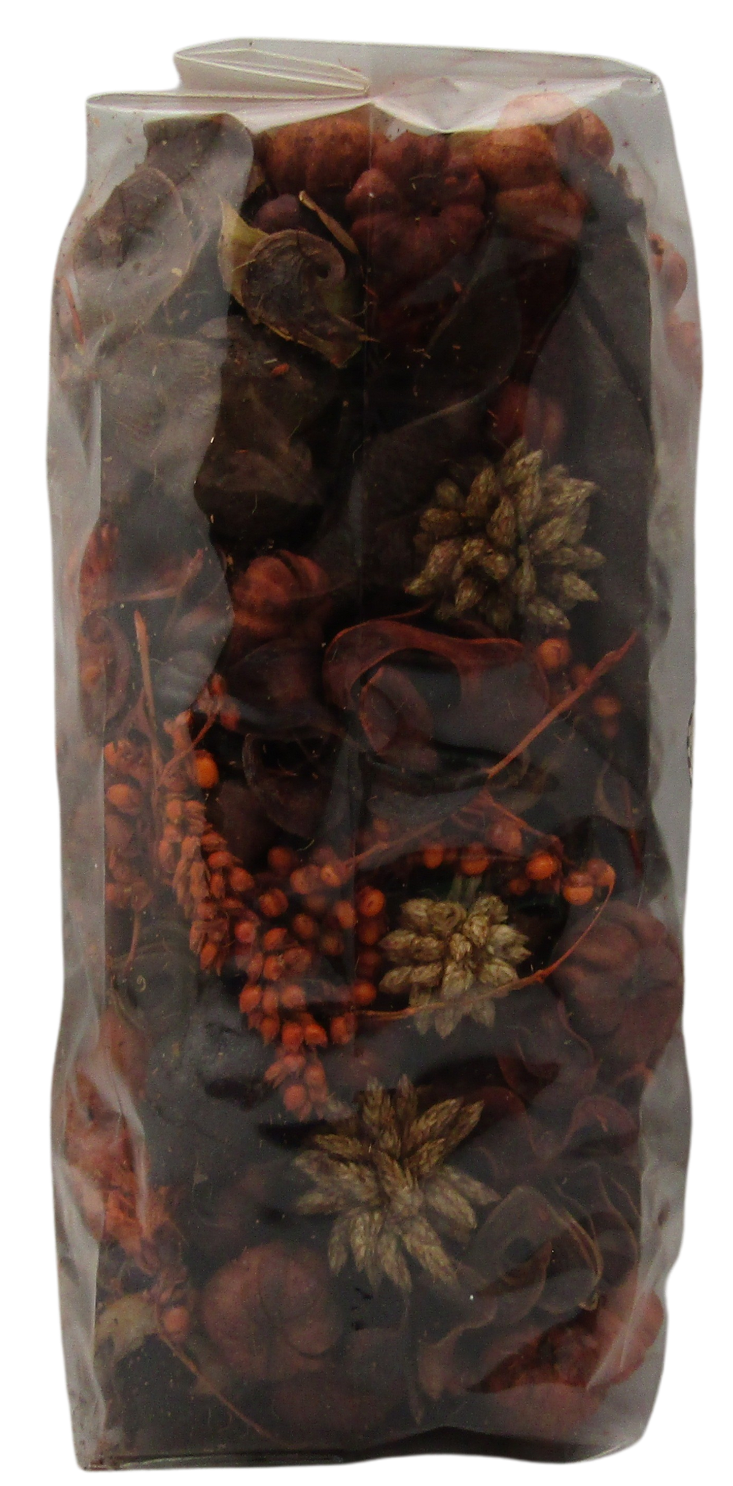 Old Candle Barn pumpkin spice potpourri in clear bag with dried pinecones berries and autumn petals
