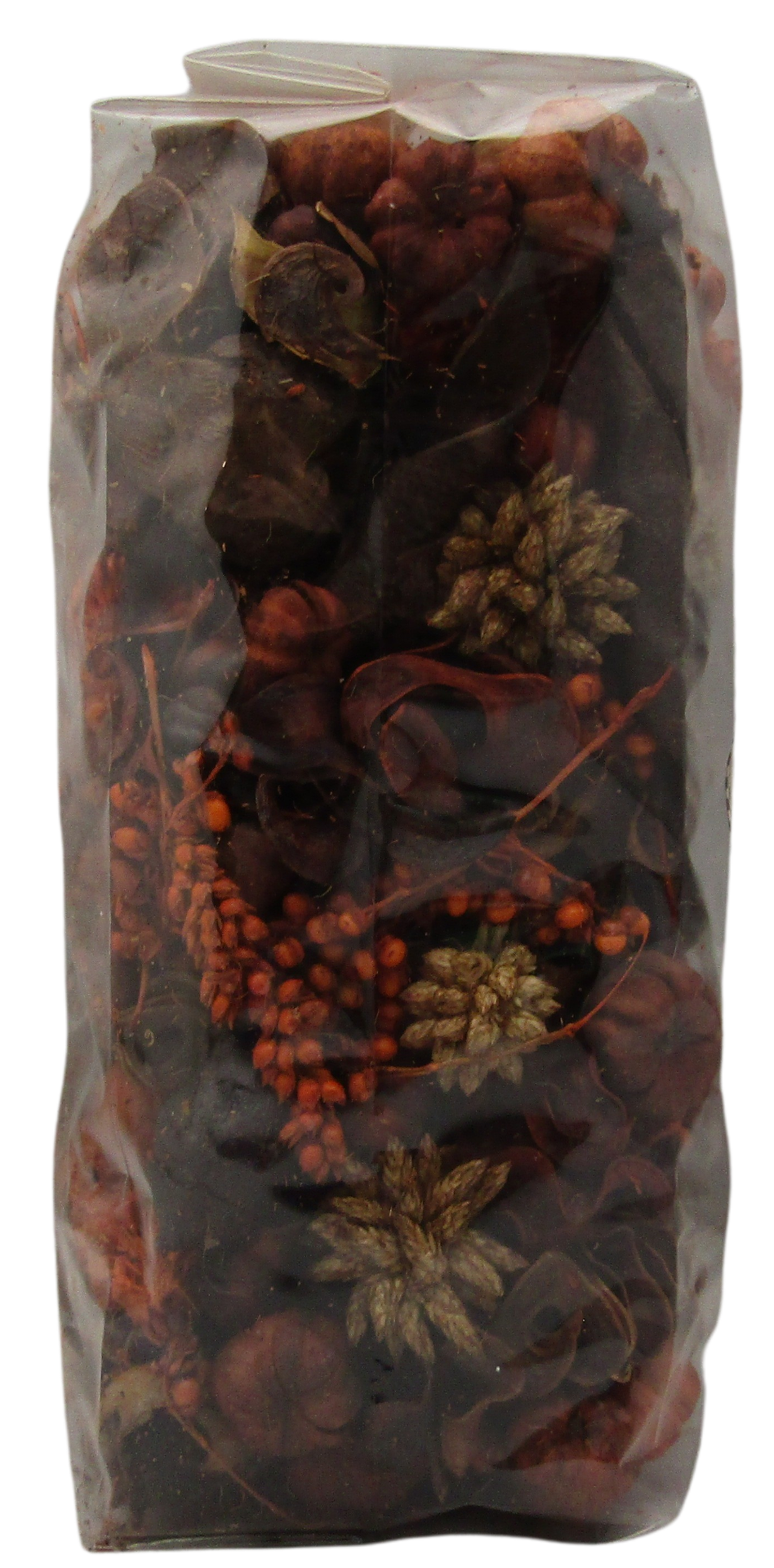 Old Candle Barn pumpkin spice potpourri in clear bag with dried pinecones berries and autumn petals