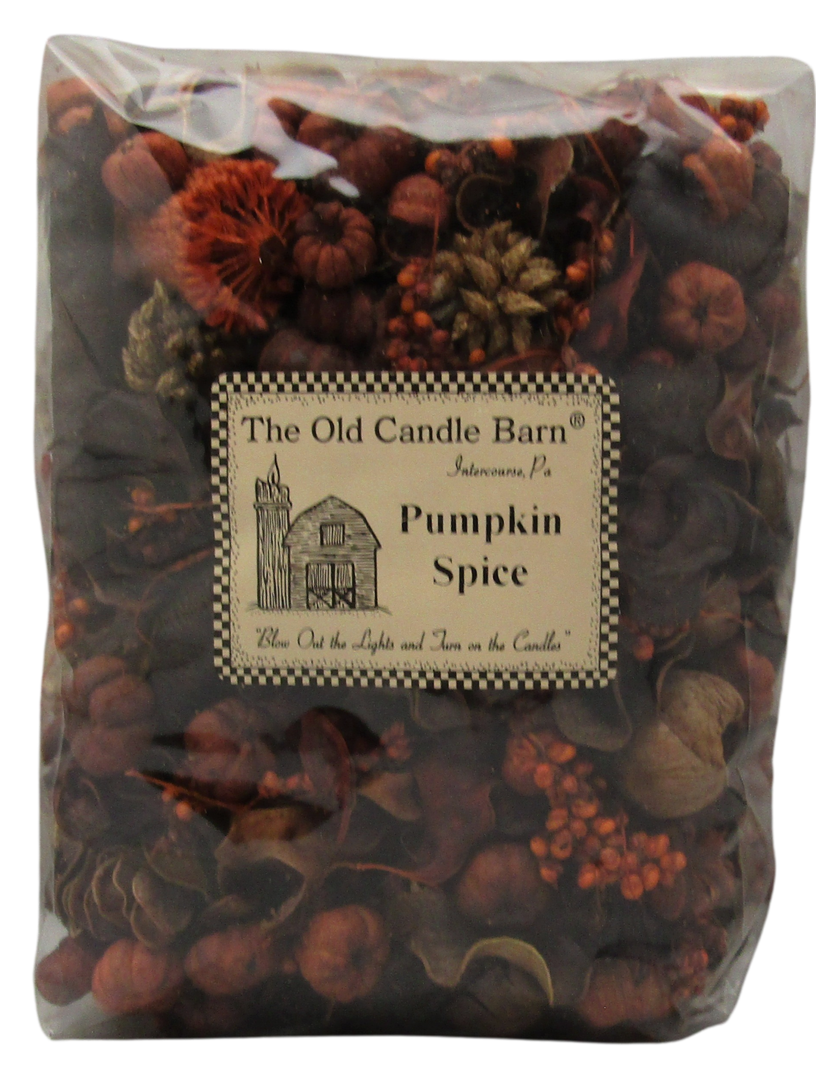 Old Candle Barn pumpkin spice potpourri bag with mixed dried botanicals and mini decorative pumpkins