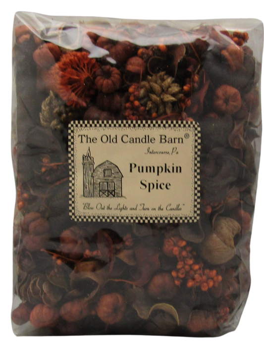 Old Candle Barn pumpkin spice potpourri bag with mixed dried botanicals and mini decorative pumpkins