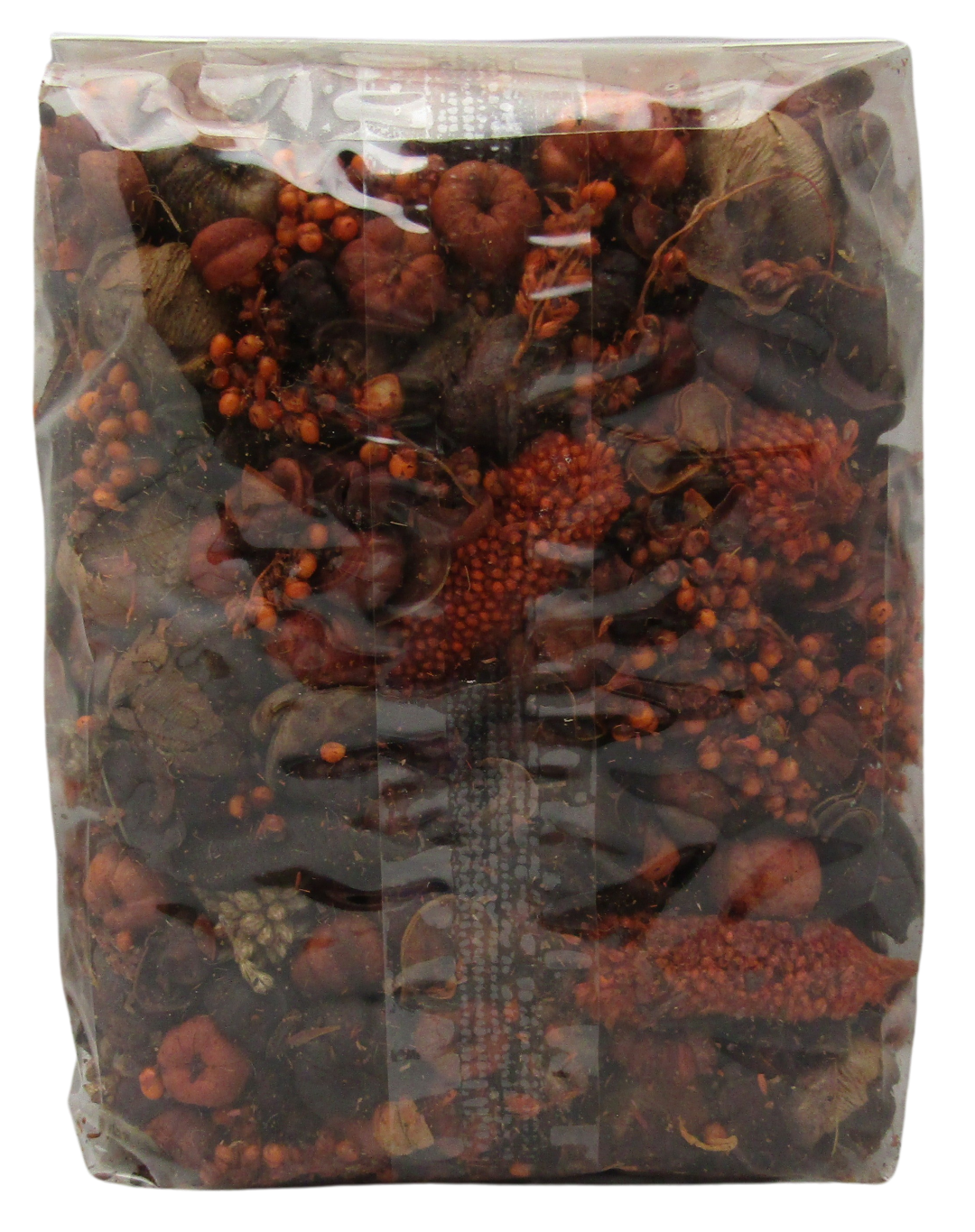 Old Candle Barn pumpkin spice potpourri in clear sealed bag with autumnal orange and brown dried botanicals