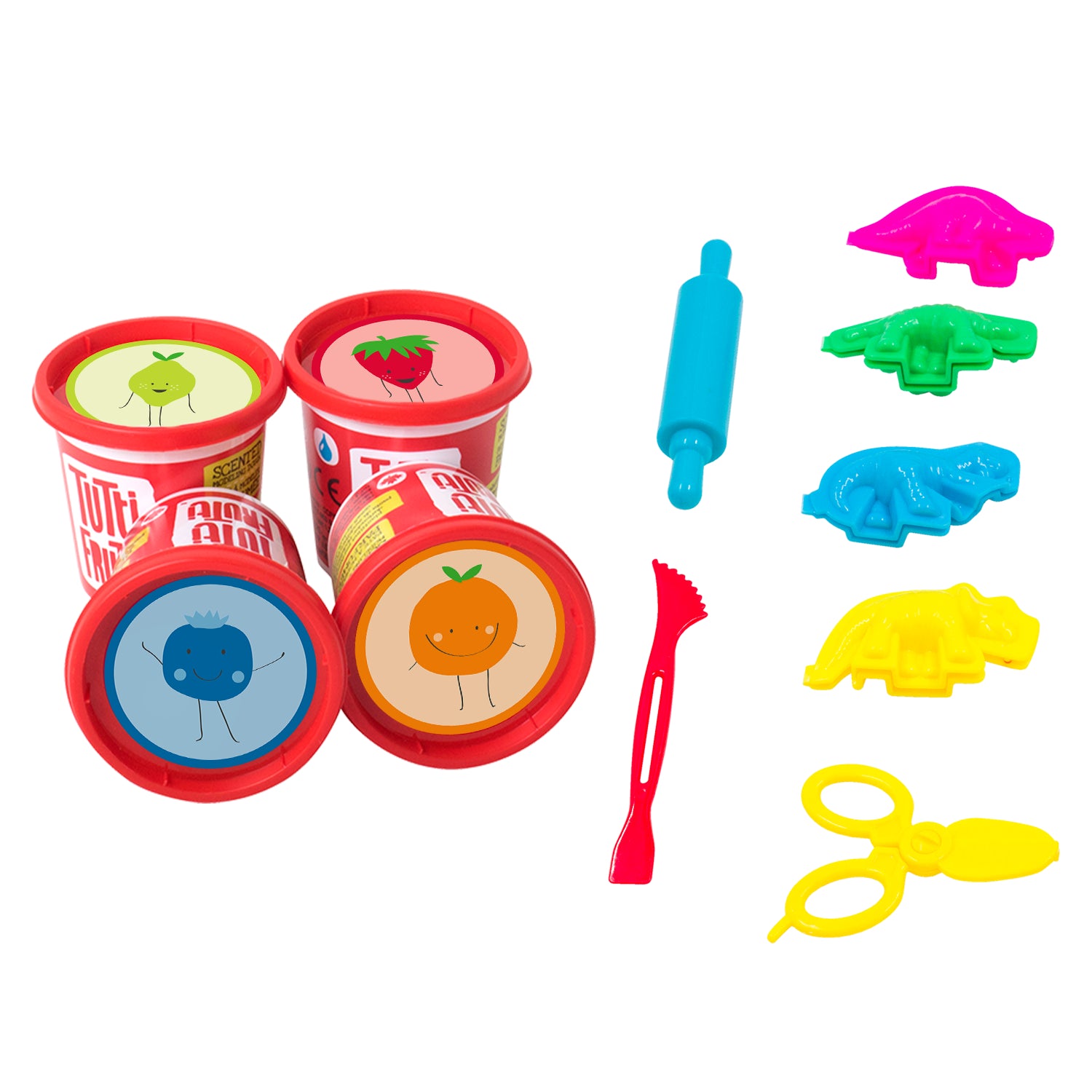 Family Games America dinosaur modeling dough kit with four colorful tubs rolling pin sculpting tools and dinosaur molds