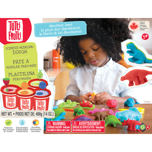 Child playing with bright dinosaur modeling dough kit by Family Games America with molds and scented dough