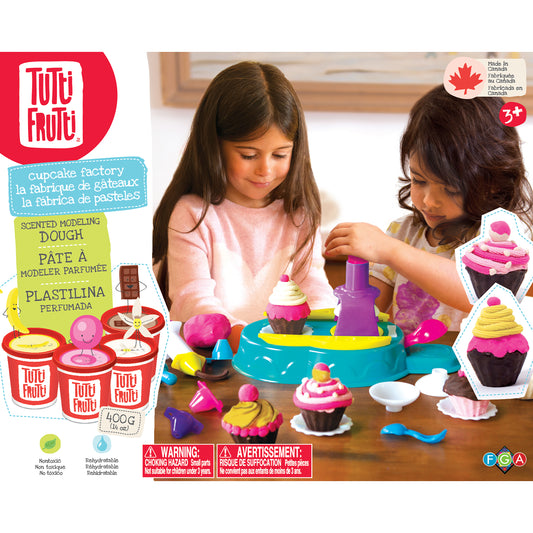 Family Games America Tutti Frutti scented modeling dough kit cupcake factory with kids playing