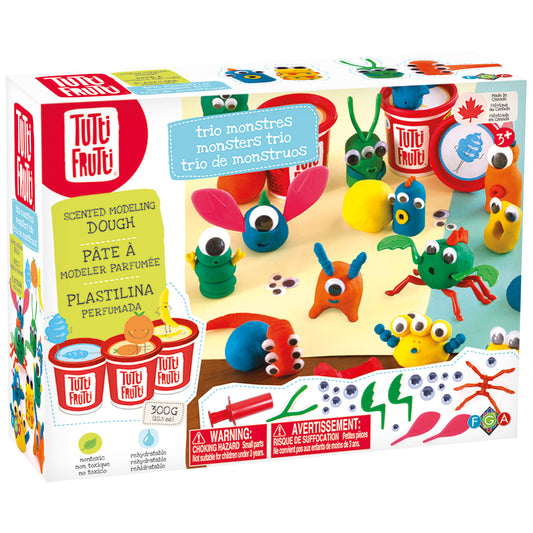 Tutti Frutti blendable dough Monster Trio scented modeling dough set by Family Games America with monster-shaped creations