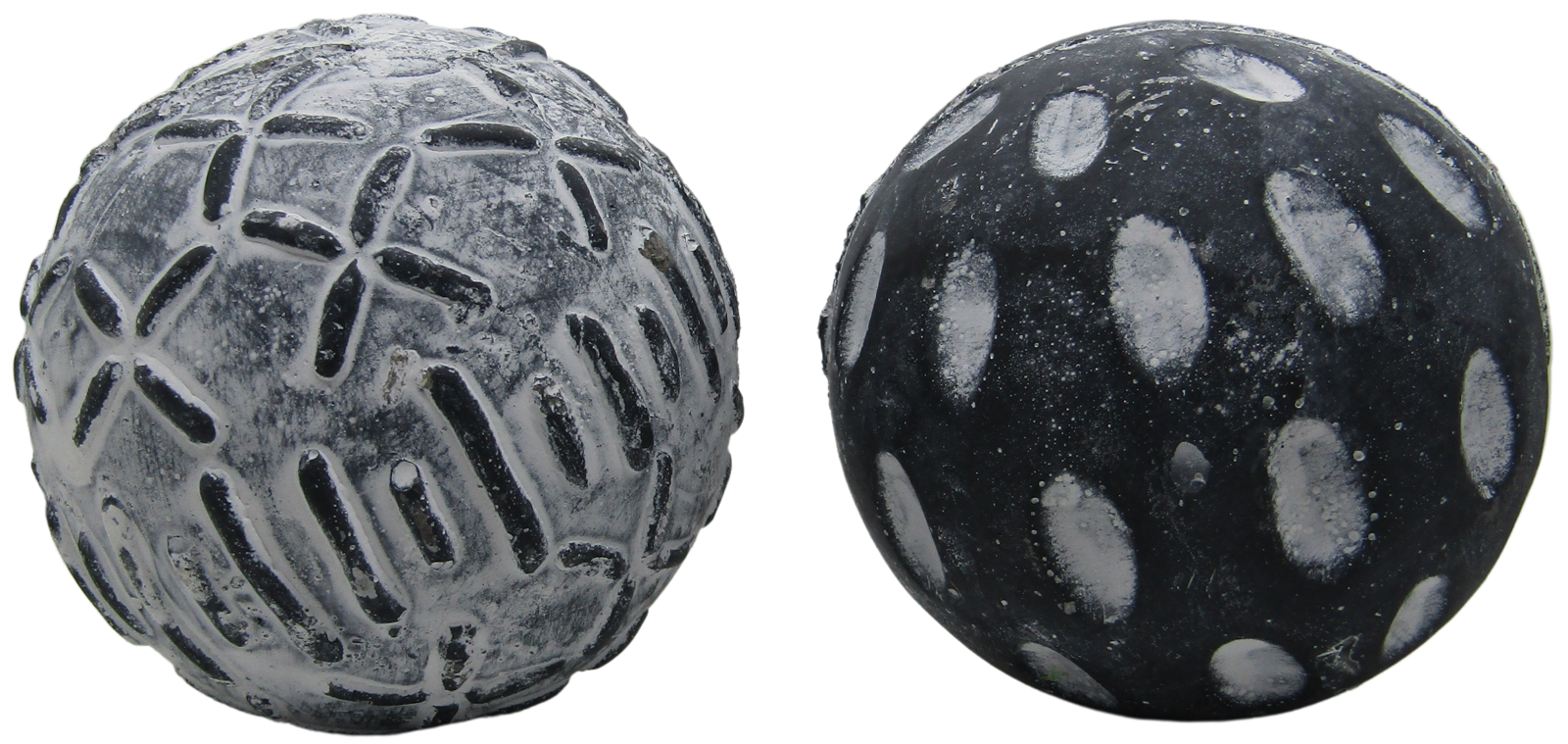 concrete garden spheres set two decorative gray orbs with carved floral and dotted whitewash finish