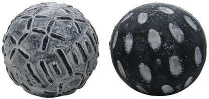 concrete garden spheres set two decorative gray orbs with carved floral and dotted whitewash finish