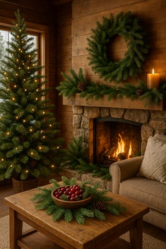 Cozy living room with a winter theme featuring Old Candle Barn winter wishes room spray and a decorated tree