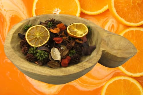 Shoots Roots Leather Boots orange vanilla bowl filler with dried citrus and natural potpourri in wooden bowl