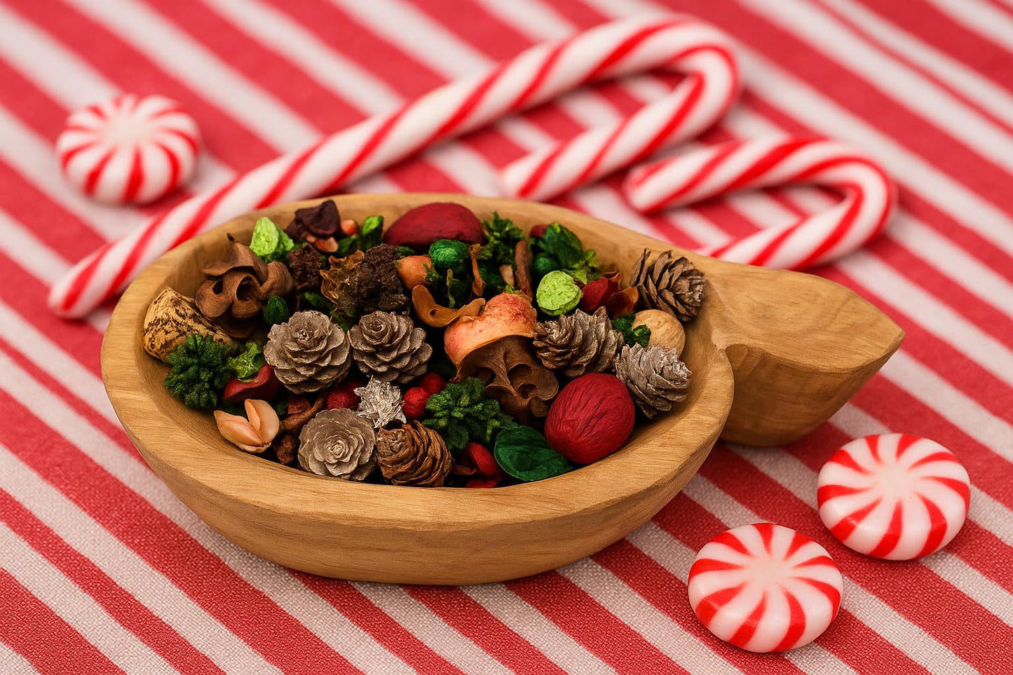 Peppermint candy cane potpourri in a wooden bowl with festive decorations