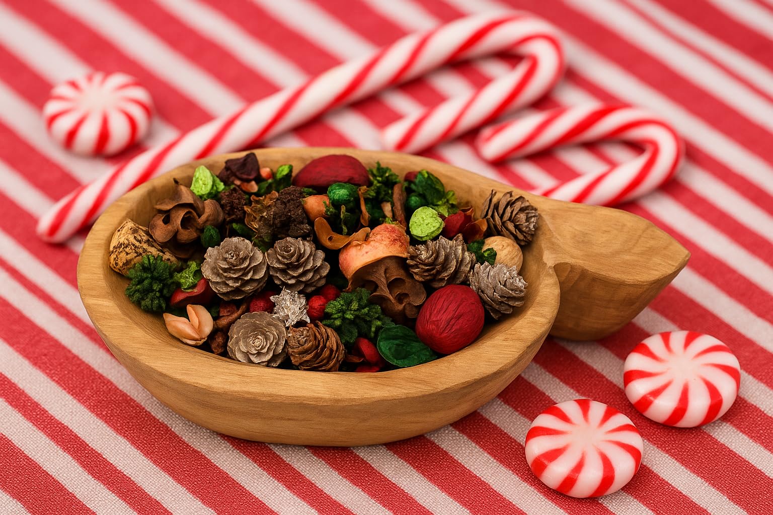 Peppermint candy cane potpourri in a wooden bowl with festive decorations